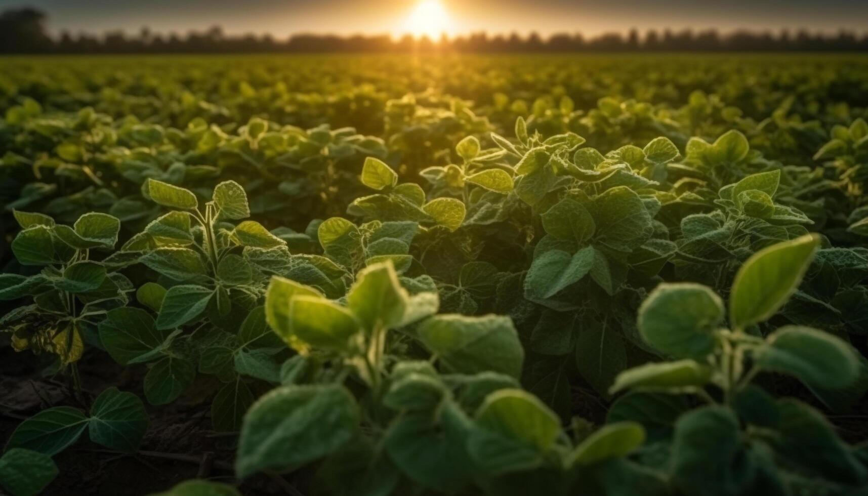 Fresh green leaves grow in a meadow, basking in sunlight generated by AI photo