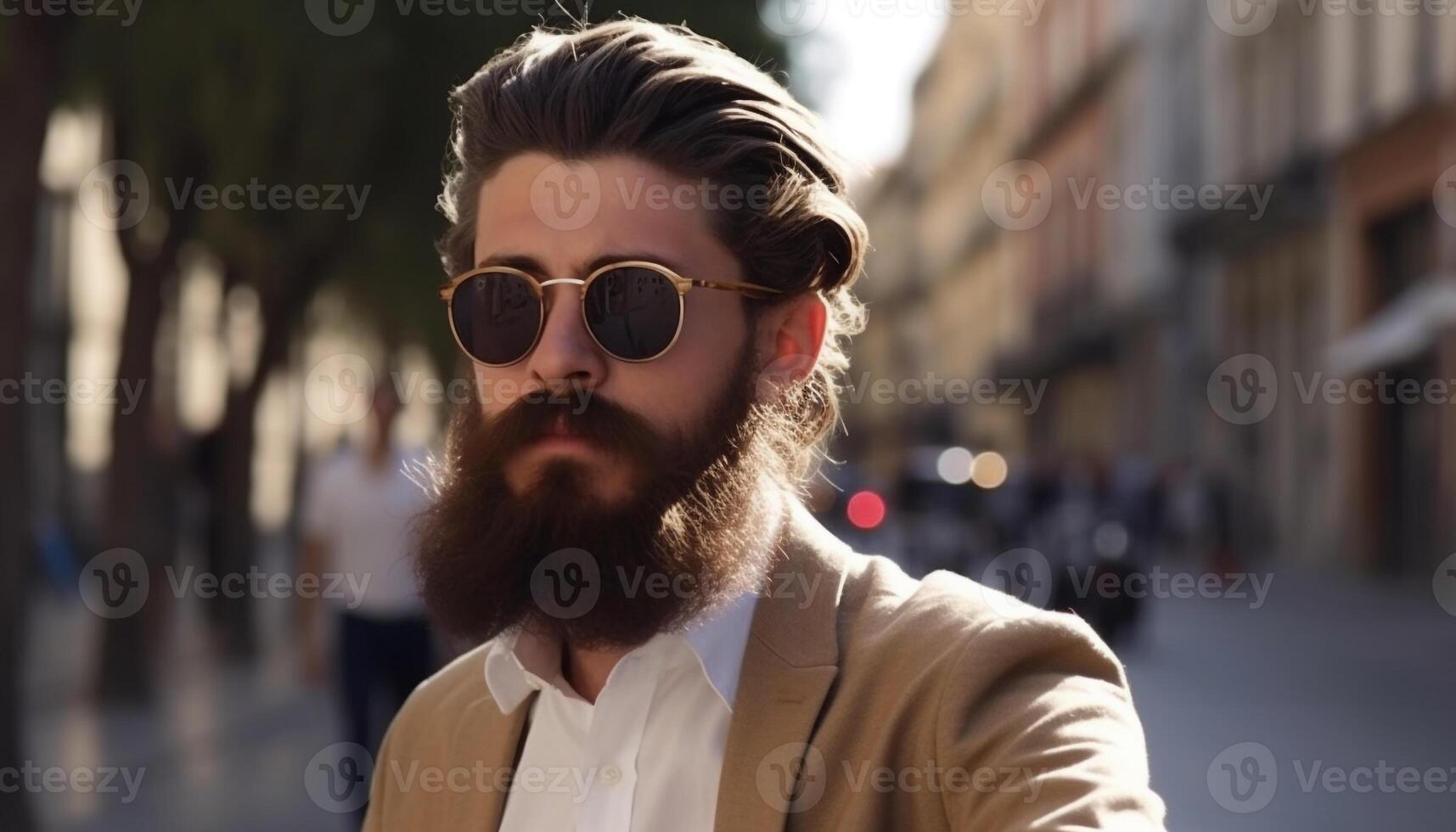 joven adulto hombre con Gafas de sol exuda confianza y elegancia al aire libre generado por ai foto