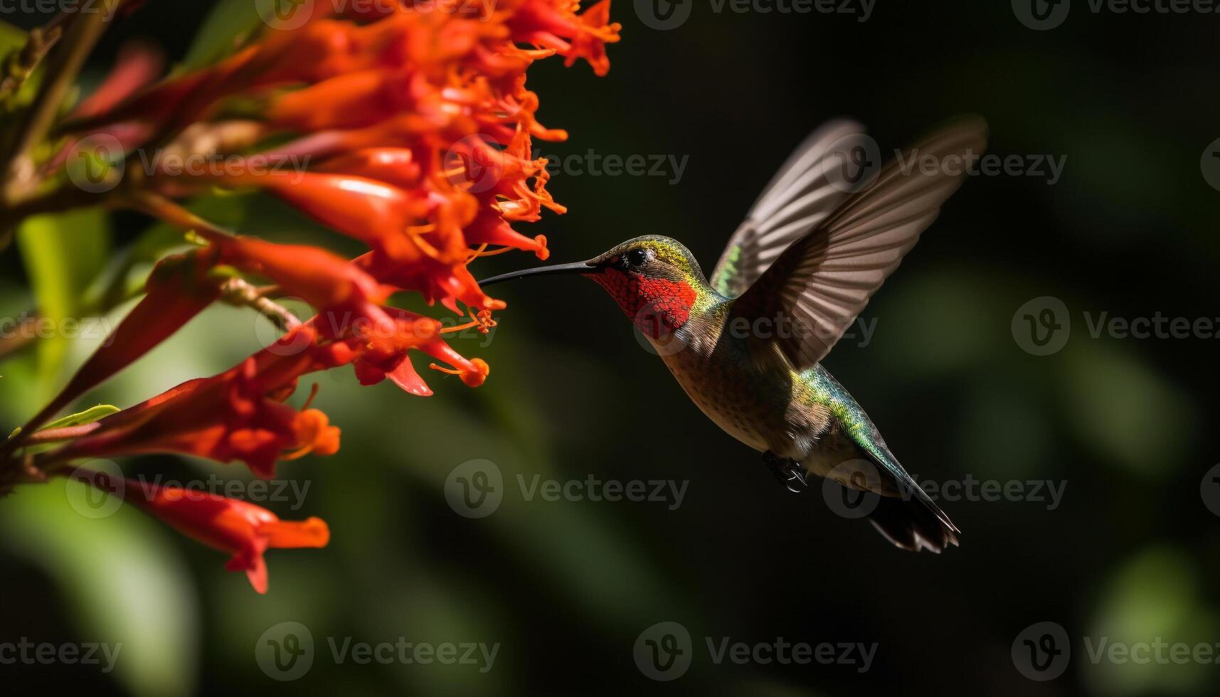 Hummingbird hovering, spreading wings, pollinating vibrant flowers in nature generated by AI photo