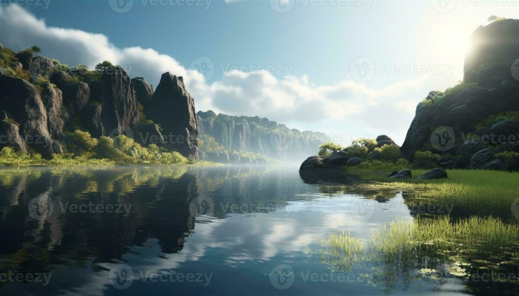 un sereno montaña paisaje refleja en un tranquilo azul estanque generado por ai foto