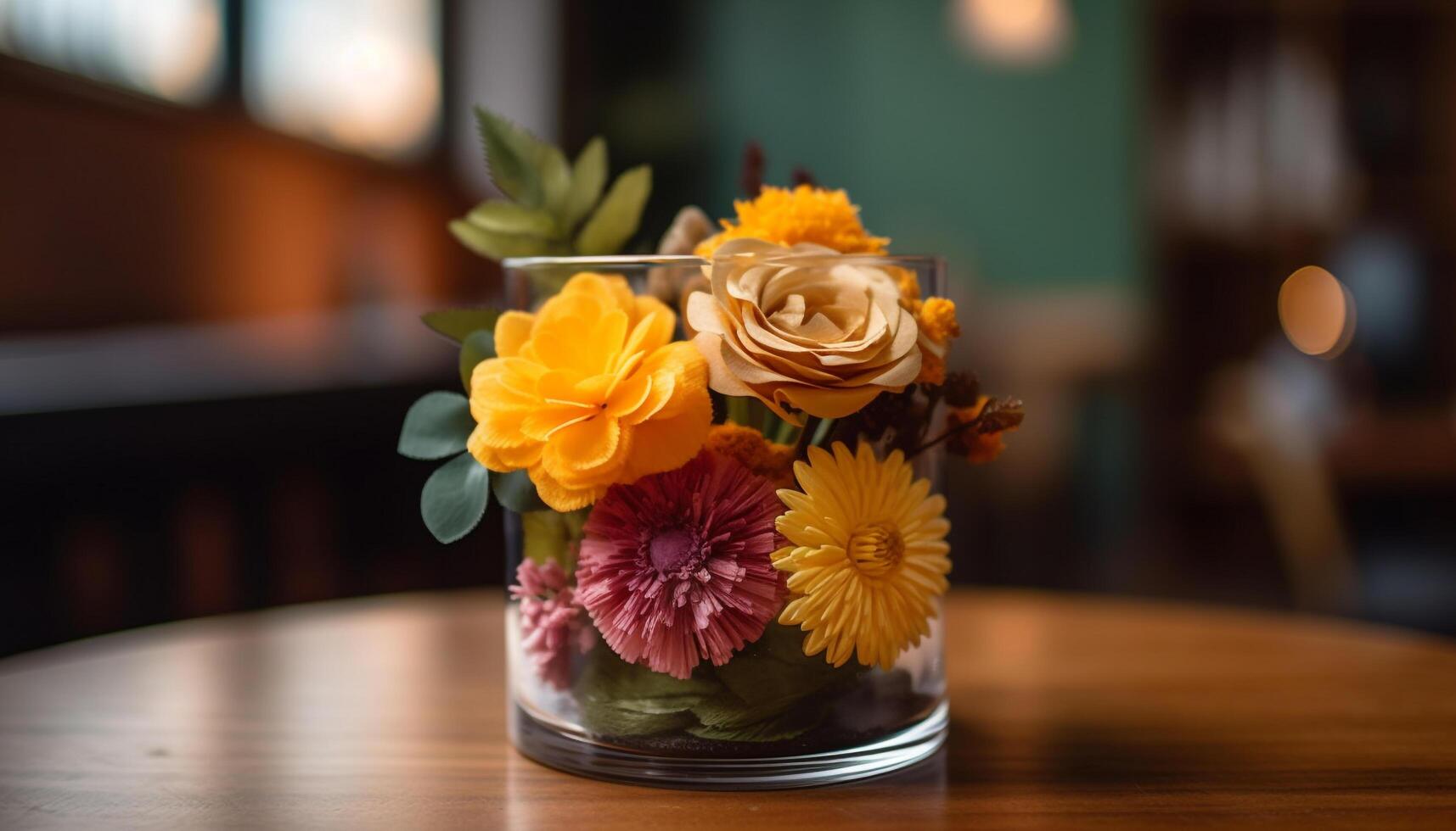 A vase of fresh flowers on a wooden table indoors generated by AI photo