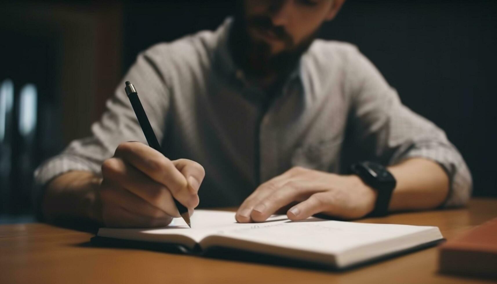 A man studying, reading, and writing at a desk indoors generated by AI photo