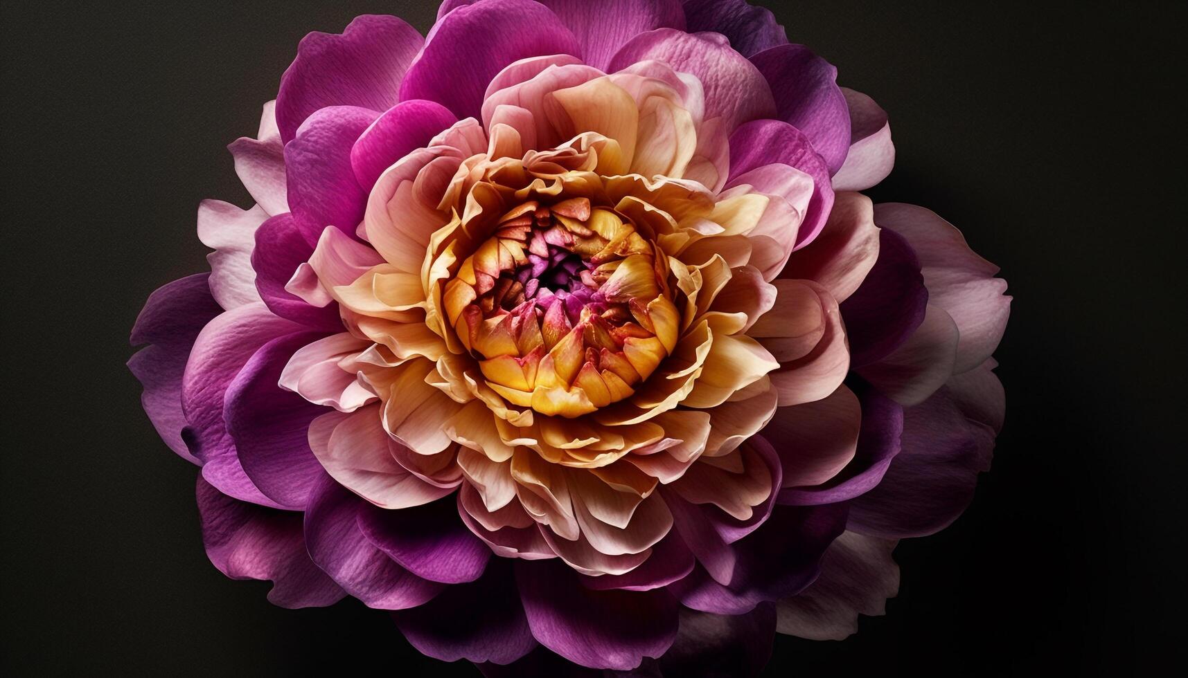 Close up of a vibrant, multi colored dahlia petal in nature generated by AI photo