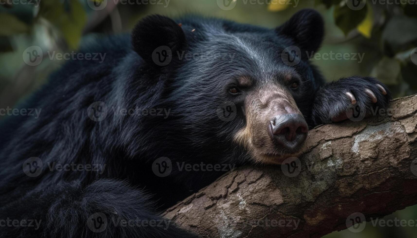 Cute panda sitting on a branch, looking at camera in forest generated by AI photo