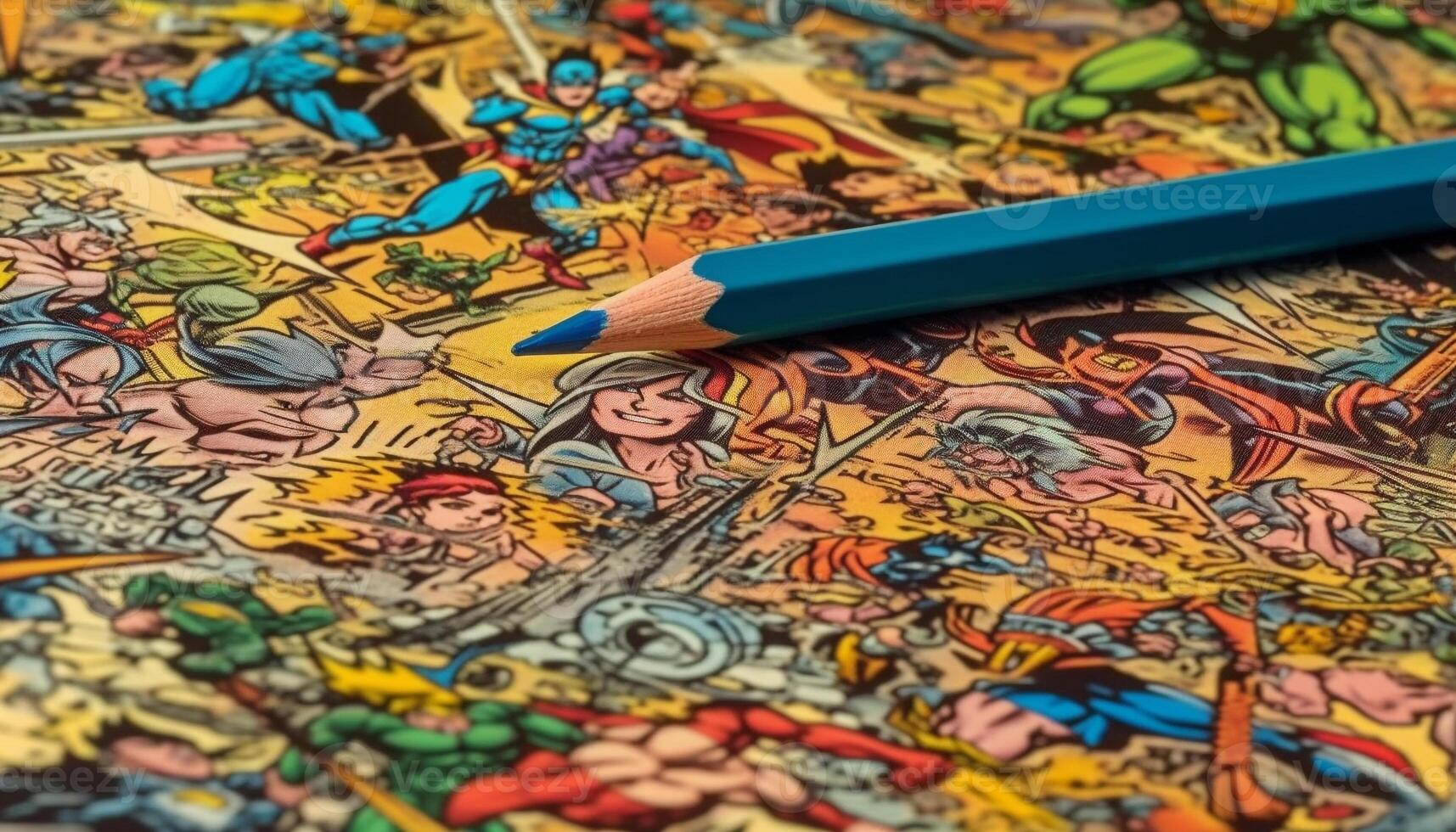 Multi colored pencil craft on wood table, vibrant colors and variety generated by AI photo