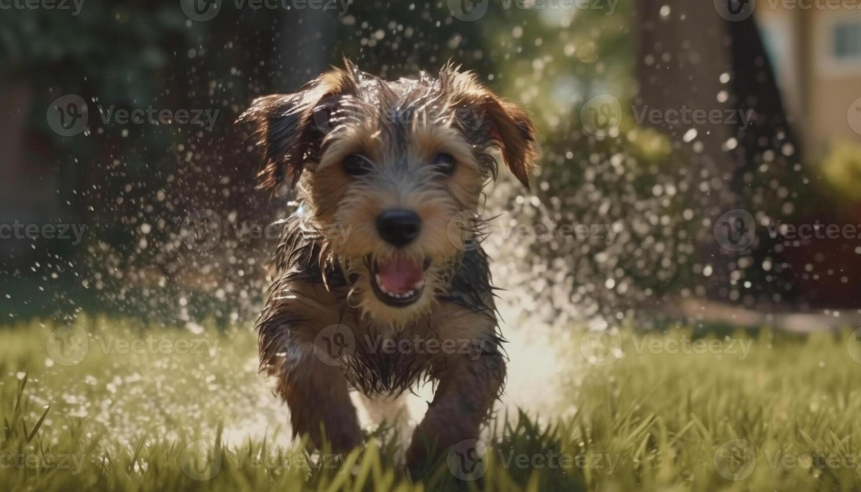 Cute puppy playing in the wet grass, enjoying the summer generated by AI photo