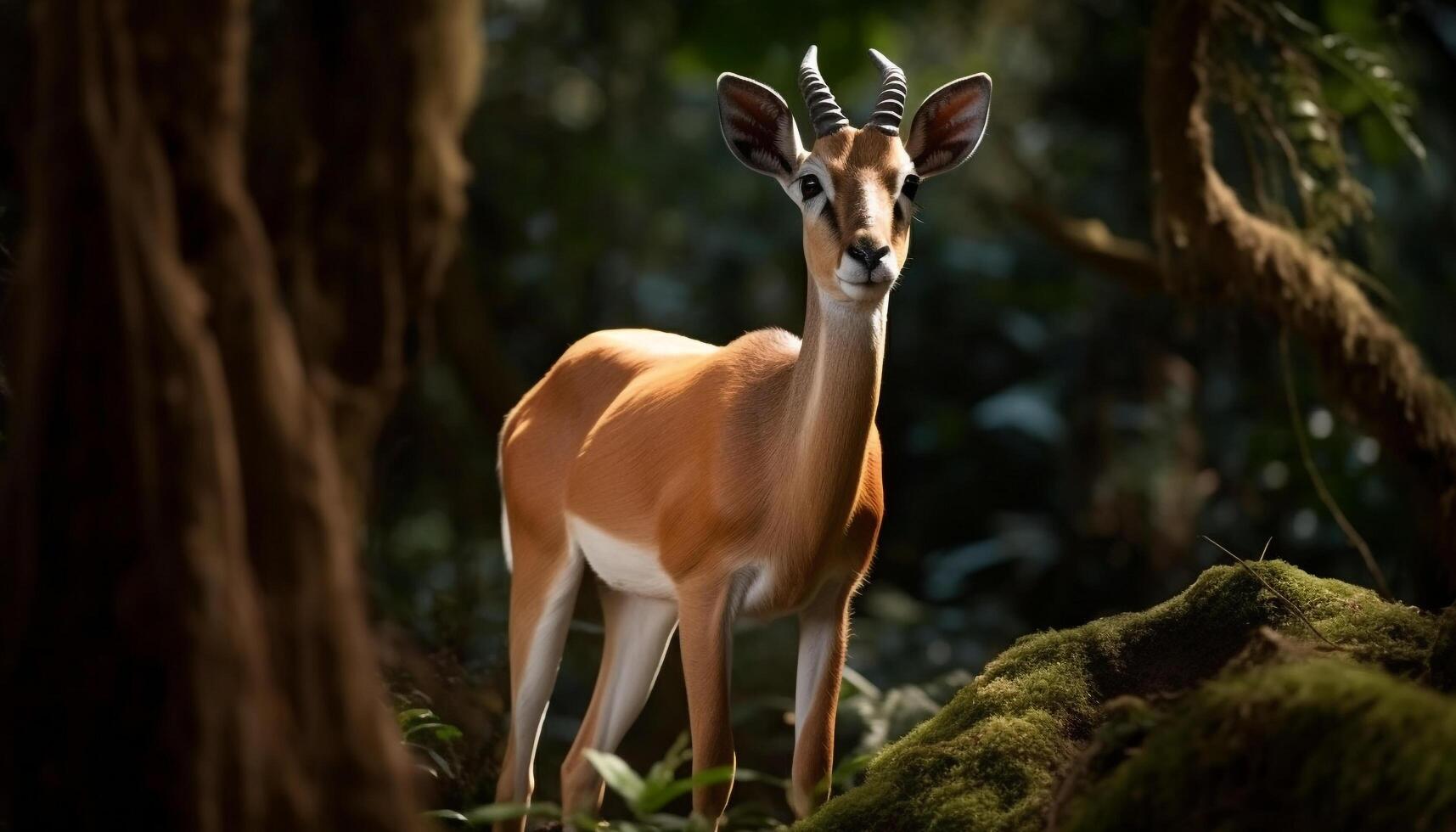 Cute impala standing in green grass, looking at camera generated by AI photo