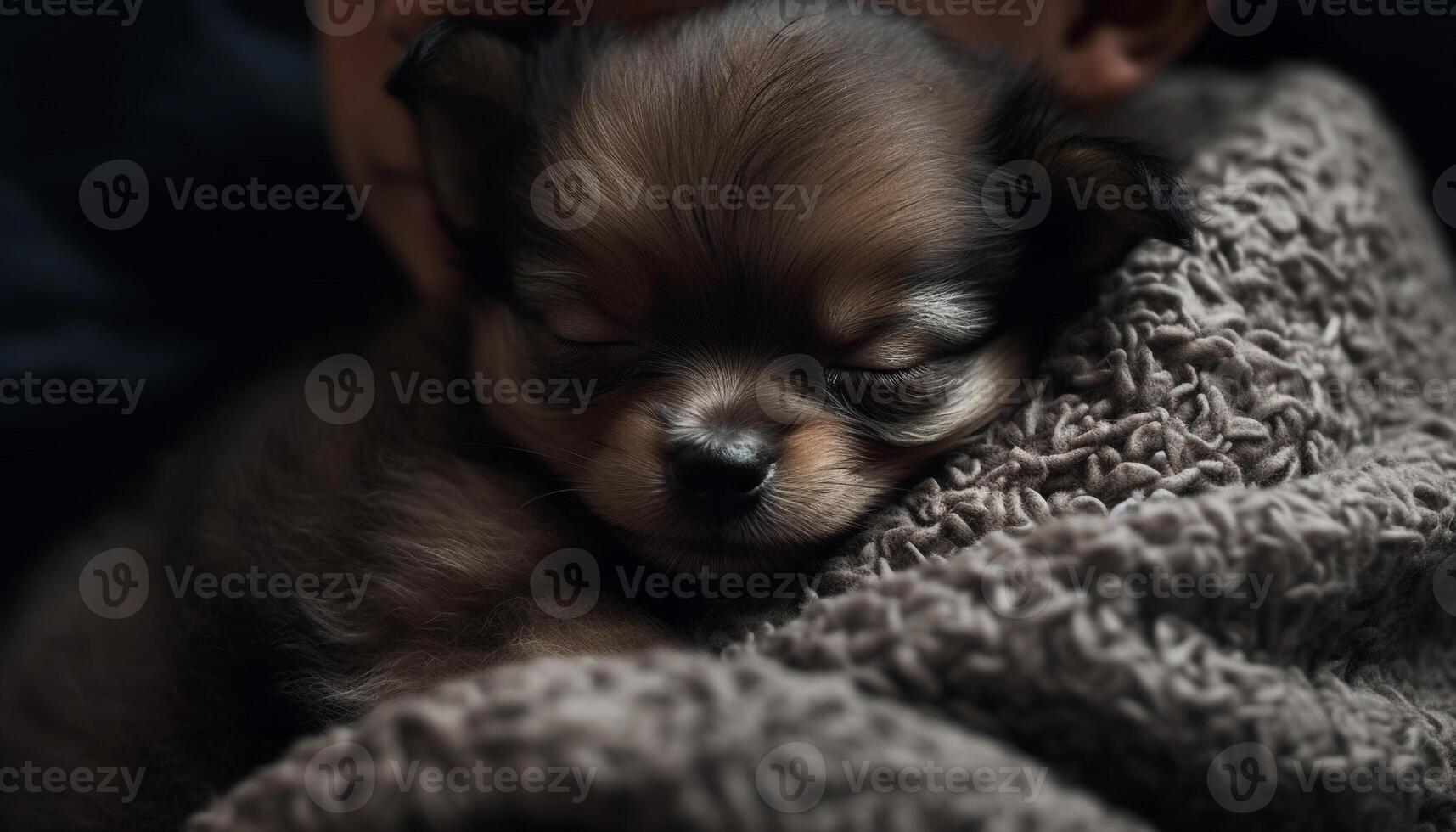 Cute small puppy sleeping, fluffy fur, eyes closed, comfortable indoors
