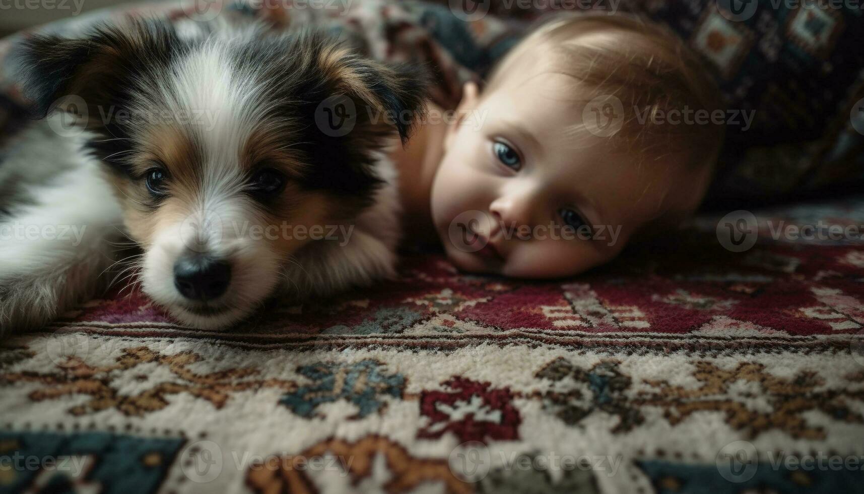 linda pequeño perro retrato, niño con bebé cachorro, Doméstico animales generado por ai foto