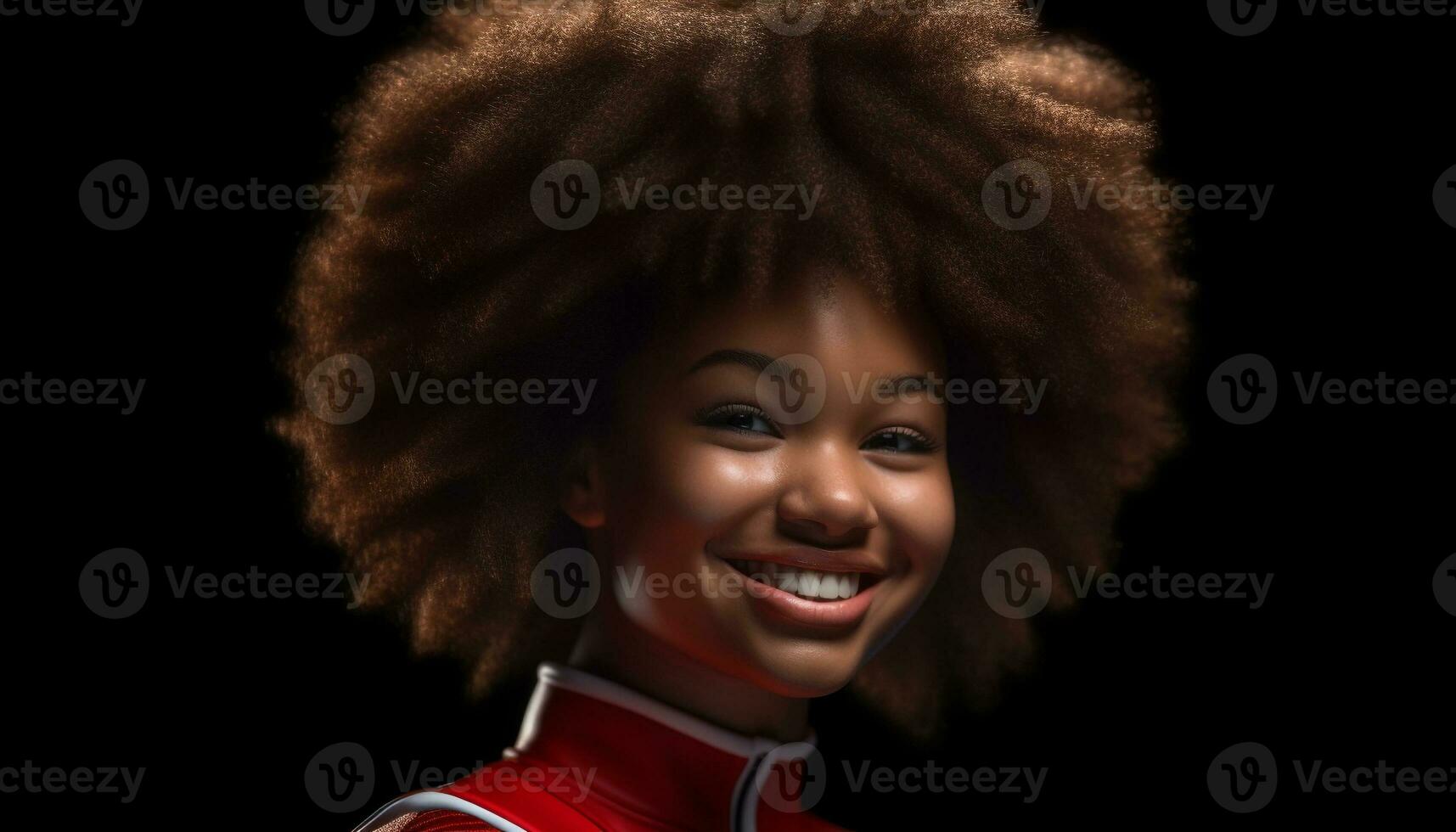 Smiling young woman with curly hair, confident and beautiful generated by AI photo