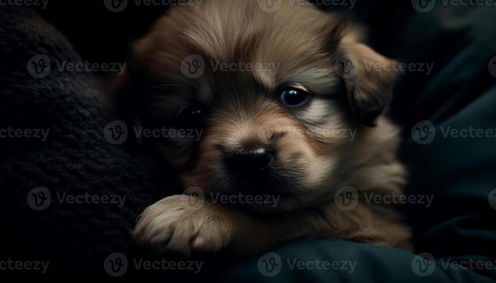 Cute puppy sitting, looking at camera, fluffy fur, playful innocence generated by AI photo