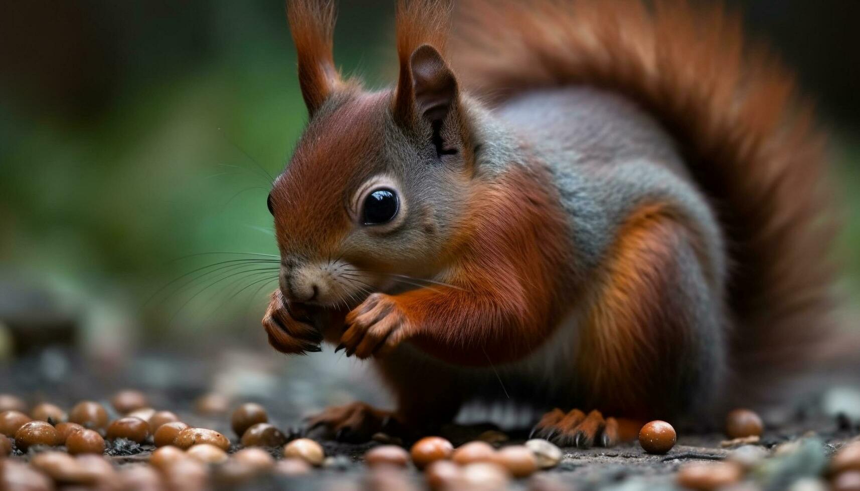 linda pequeño roedor comiendo bellota, sentado en rama en bosque generado por ai foto