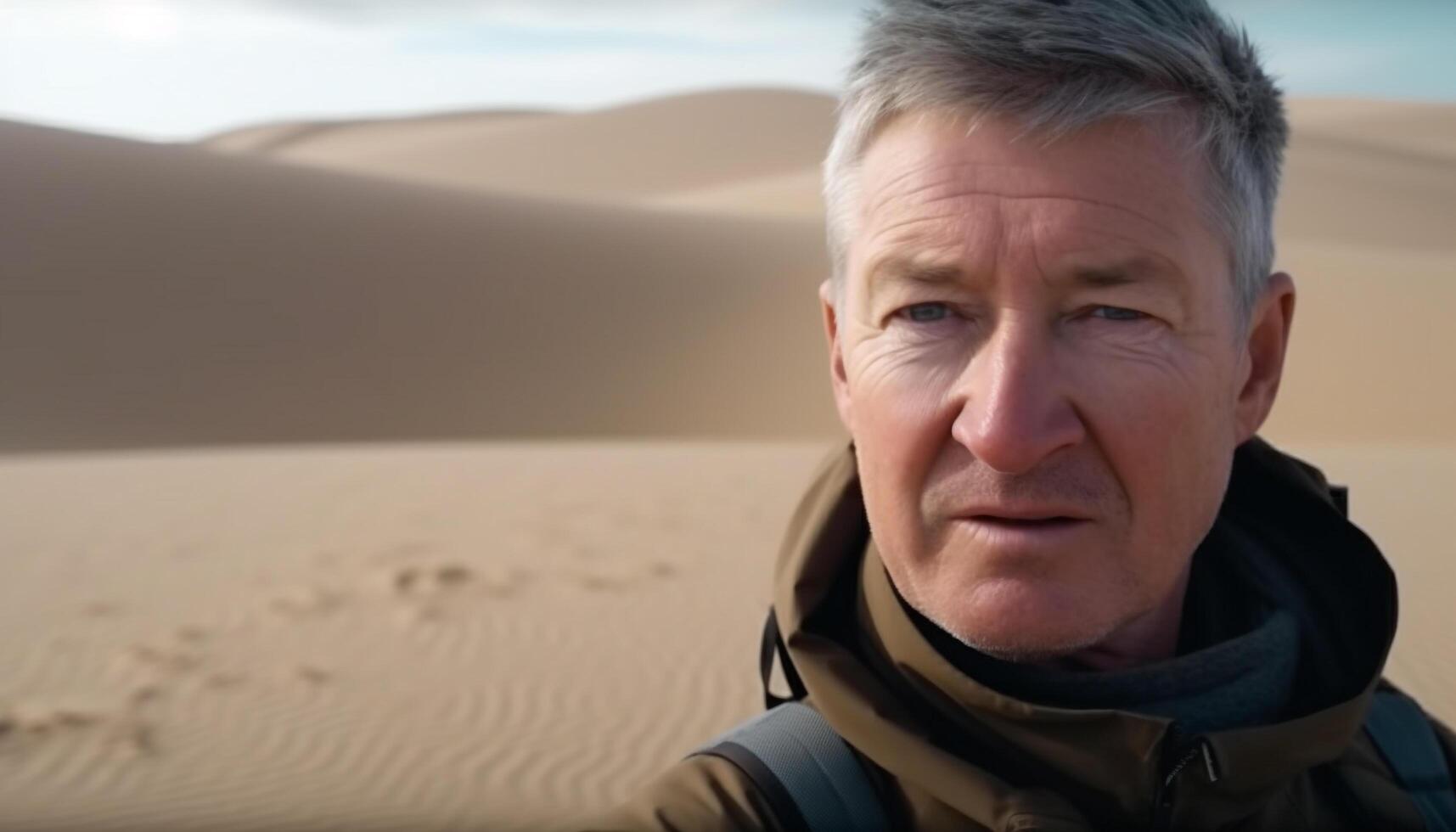 Smiling man in sand dune, enjoying nature adventure and solitude generated by AI photo