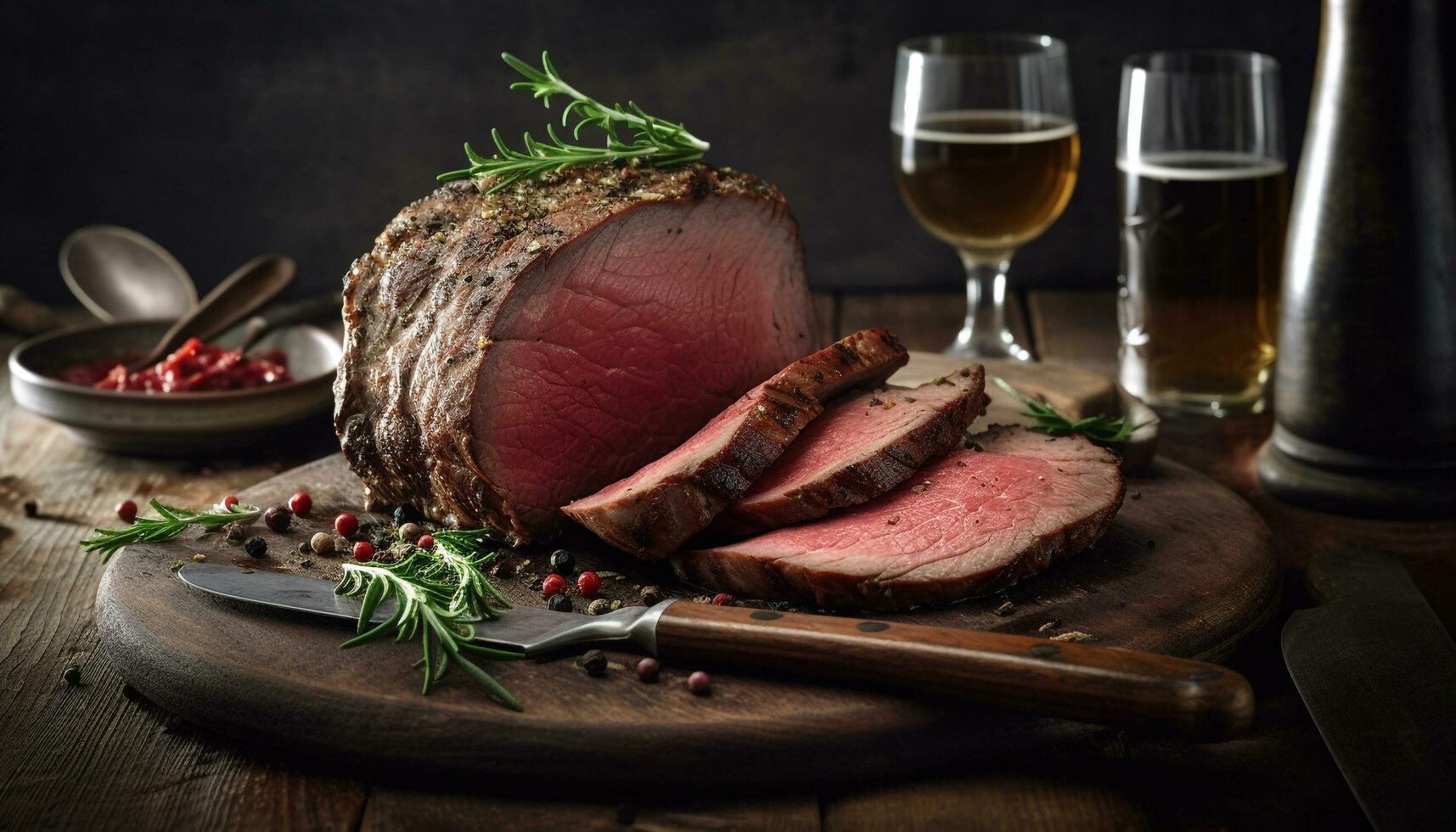 Freshly cooked gourmet steak on a rustic wooden table, ready to eat generated by AI photo