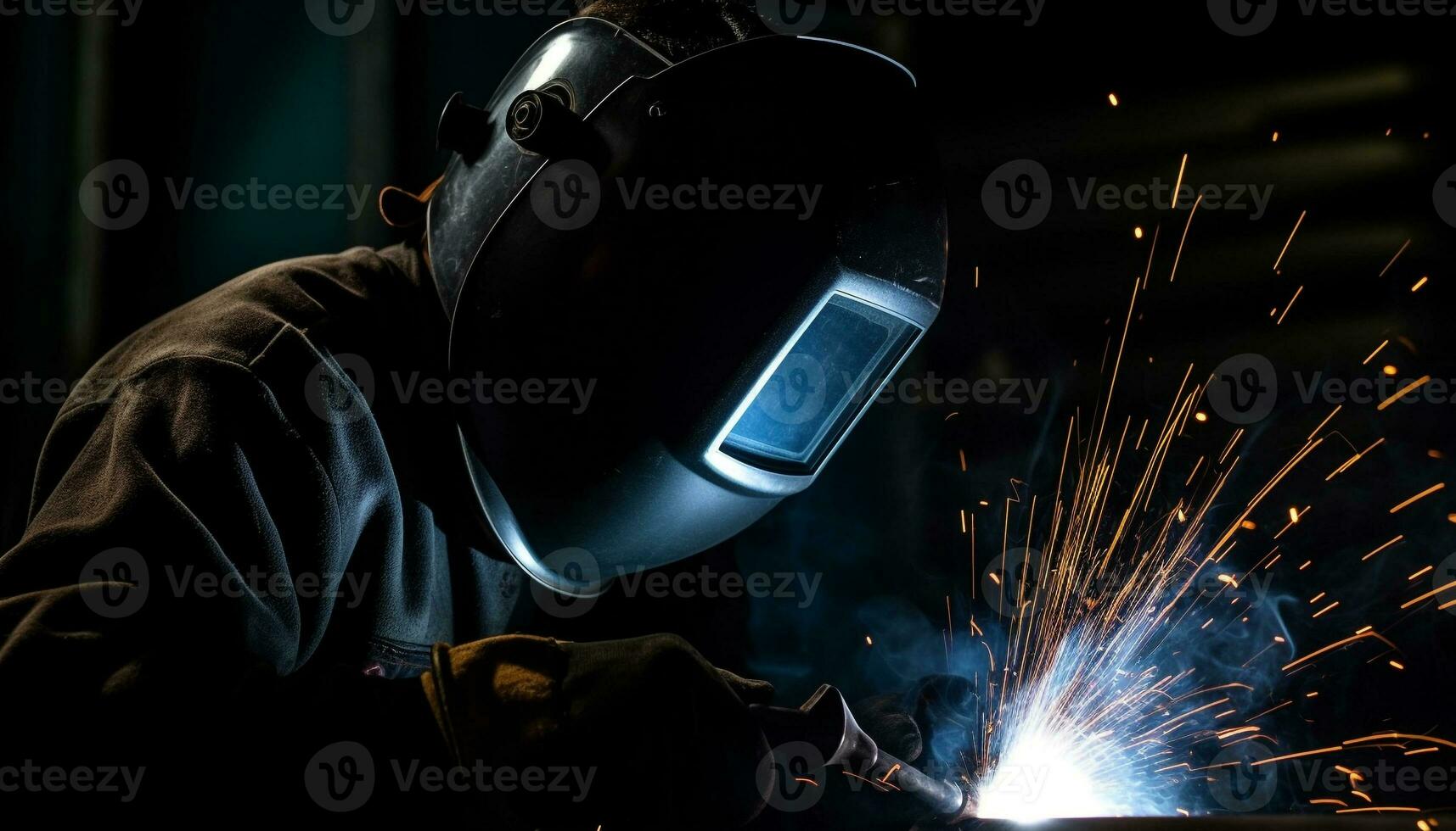 Skilled welder in protective mask working with steel in factory generated by AI photo