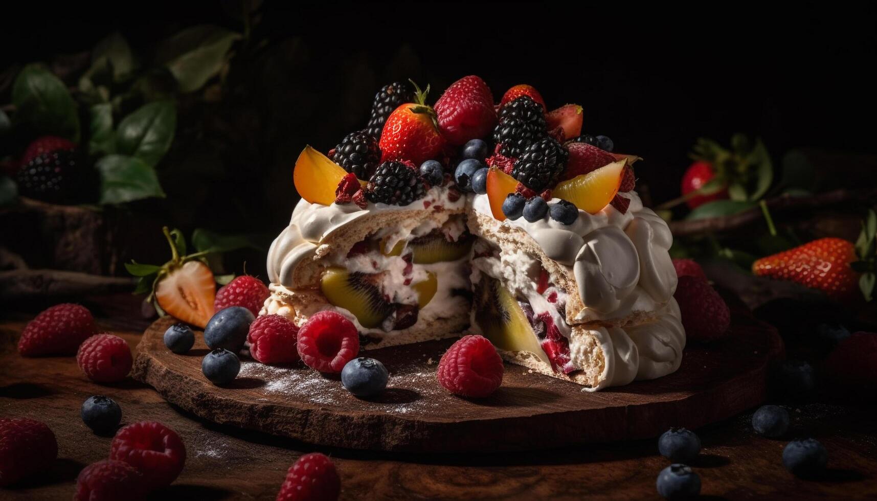Freshness of nature berries on a rustic homemade dessert plate generated by AI photo