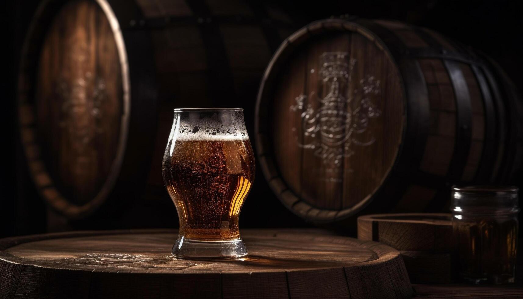 de madera barril sostiene oscuro líquido, simbolizando celebracion y refresco generado por ai foto