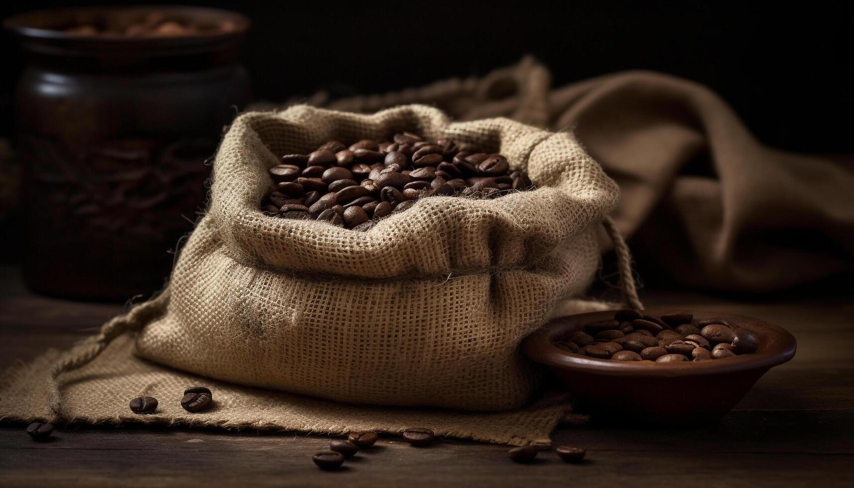 Aromatic coffee beans spill from burlap sack on wooden table generated by AI photo