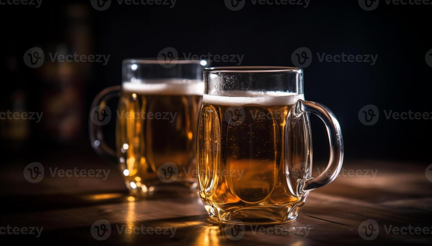 A frothy beer mug on a wooden table, refreshing and cold generated by AI photo
