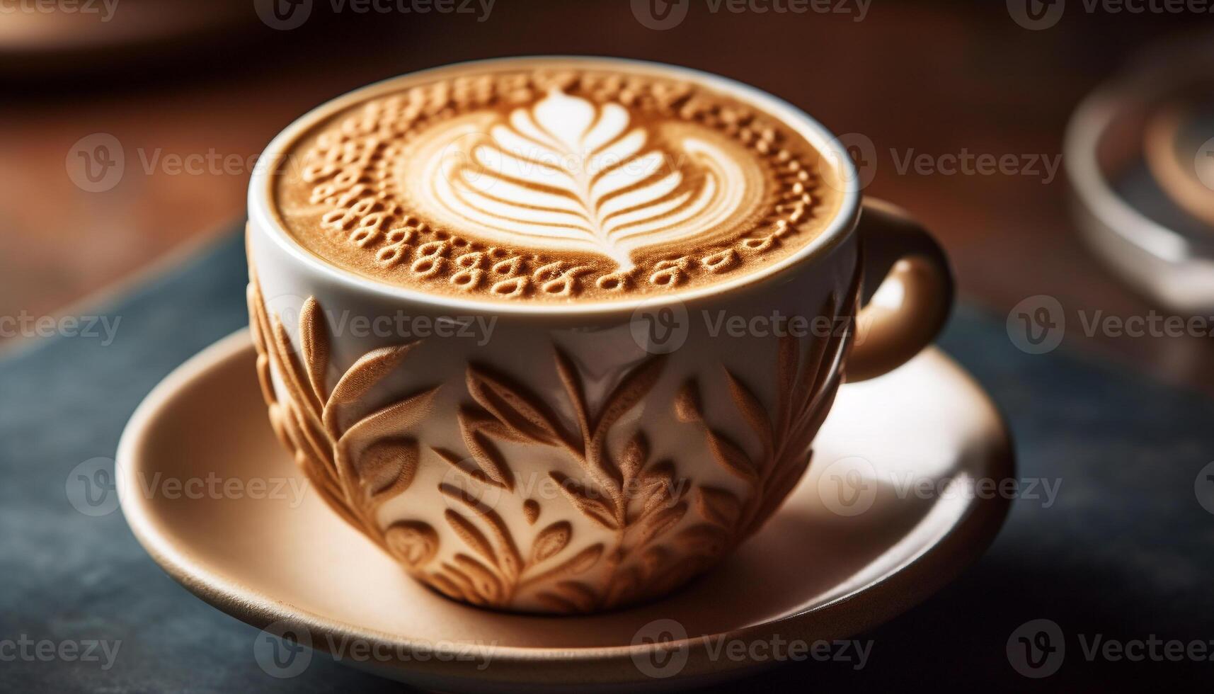 Aromatic coffee cup on wooden table, frothy drink brings relaxation generated by AI photo