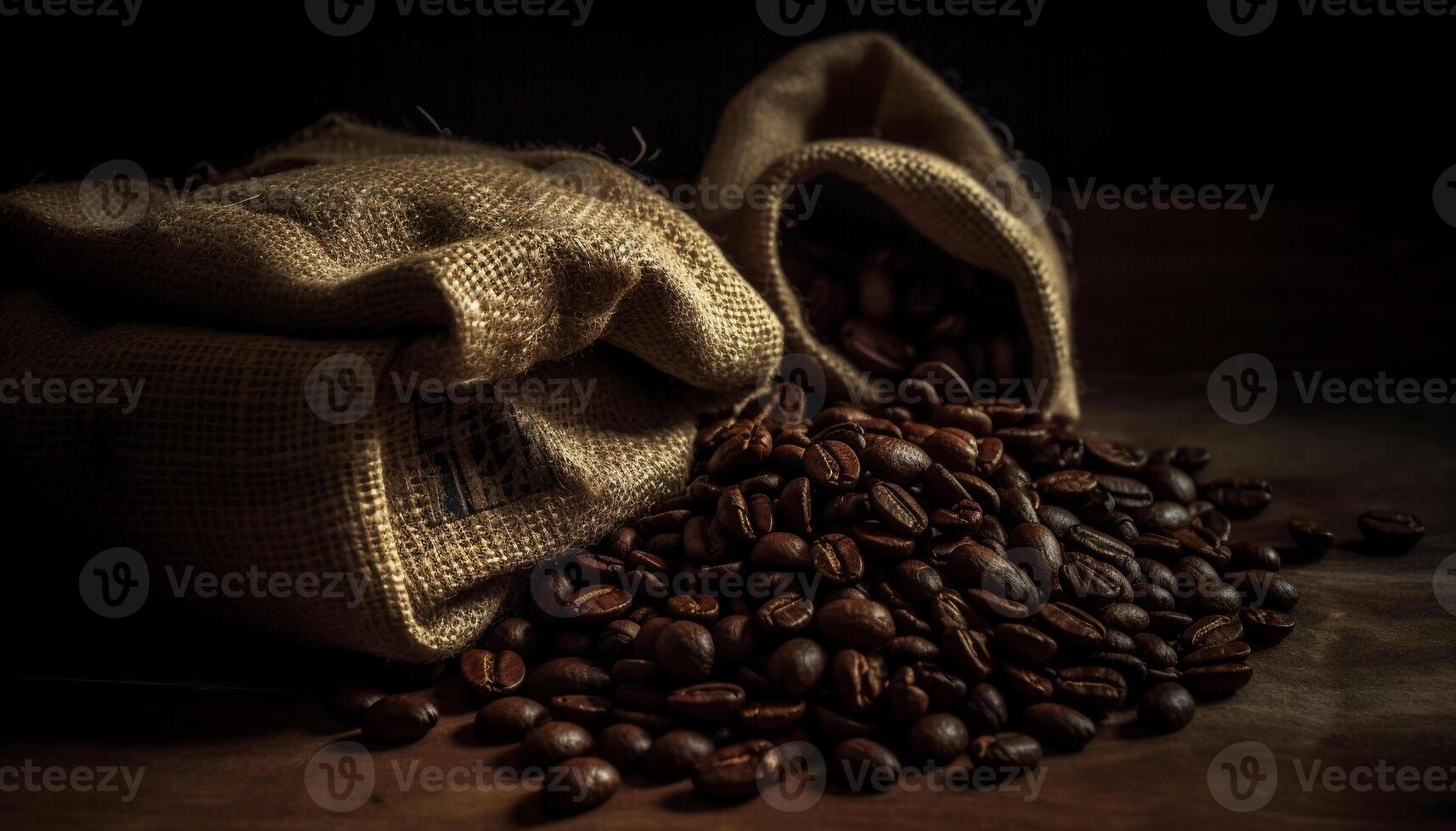 Freshly ground coffee beans in a burlap sack on wooden table generated by AI photo