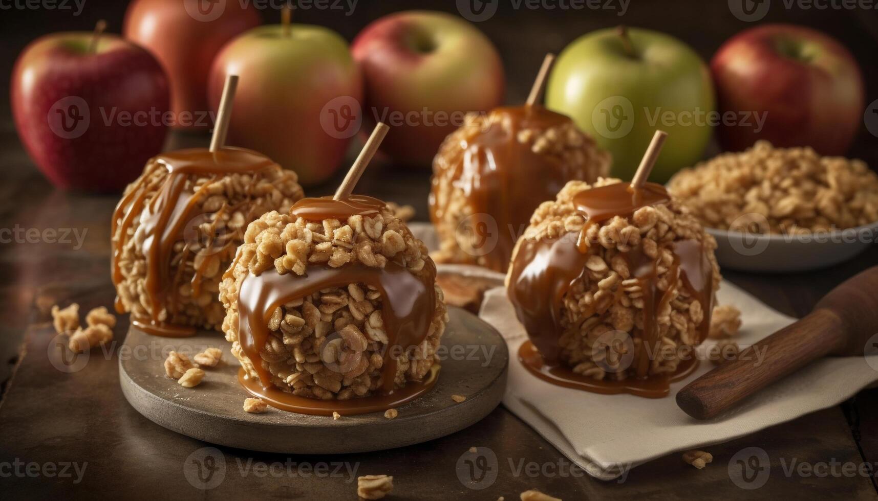 A homemade gourmet dessert plate with chocolate dipped caramel apple generated by AI photo