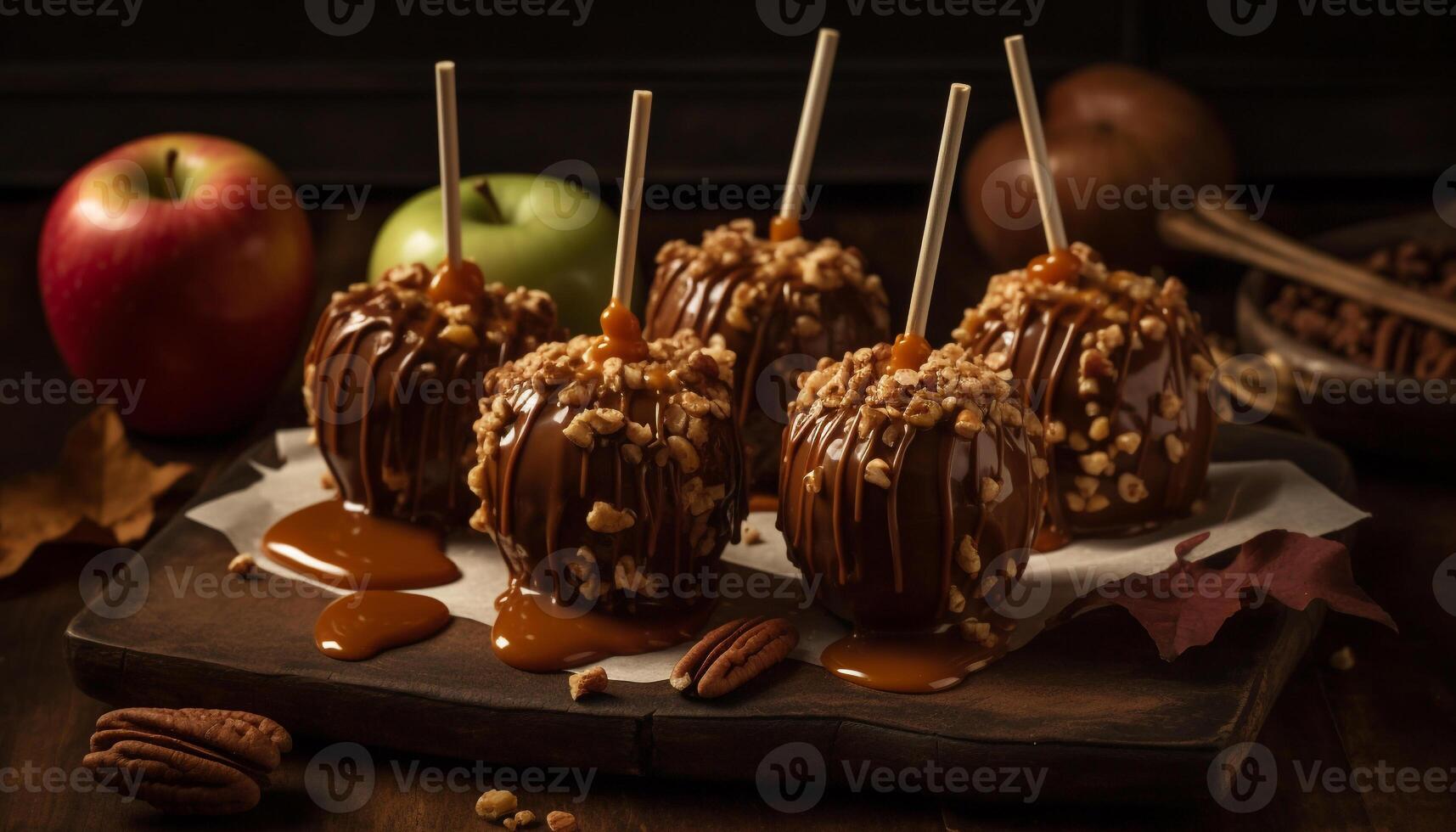 Indulgent dessert chocolate dipped apple, caramel, pecan, fudge, autumn celebration generated by AI photo