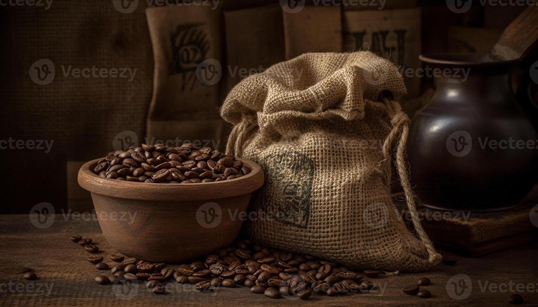 Bag of burlap holds fresh coffee beans, rustic and aromatic generated by AI photo