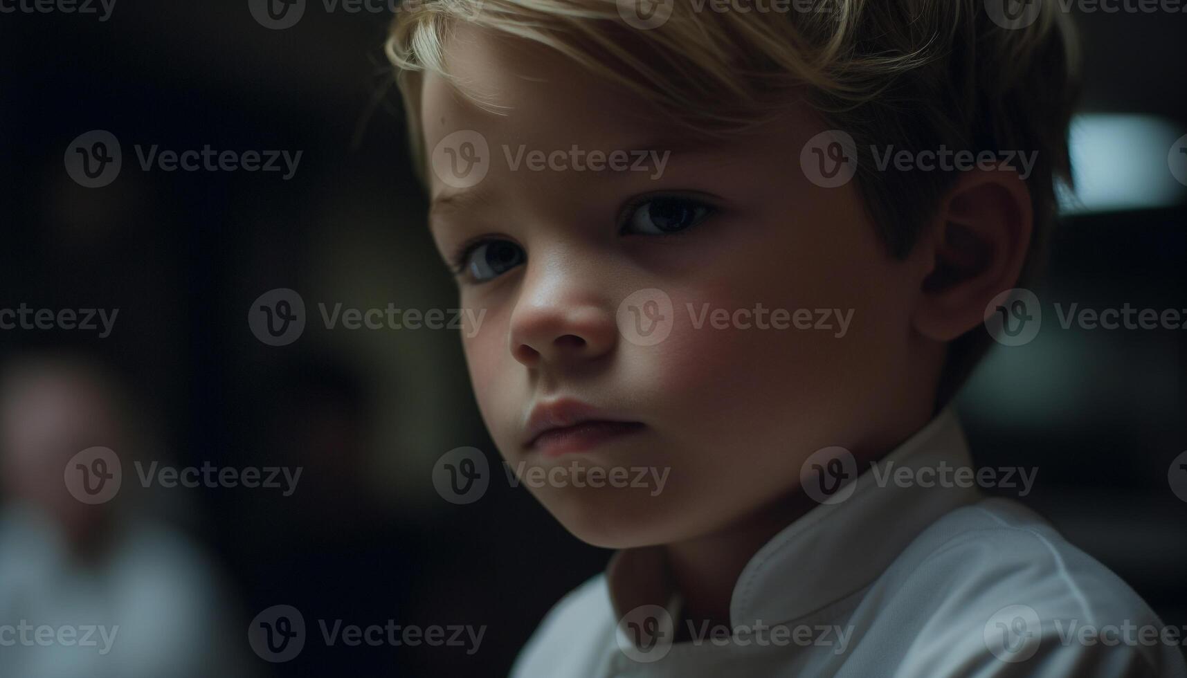 A cute, sad boy with blond hair looking at camera generated by AI photo