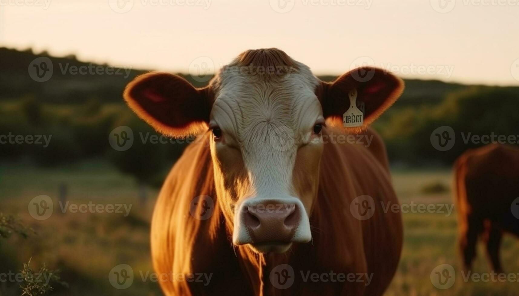 Cows graze on green meadow, enjoying nature beauty at sunset generated by AI photo