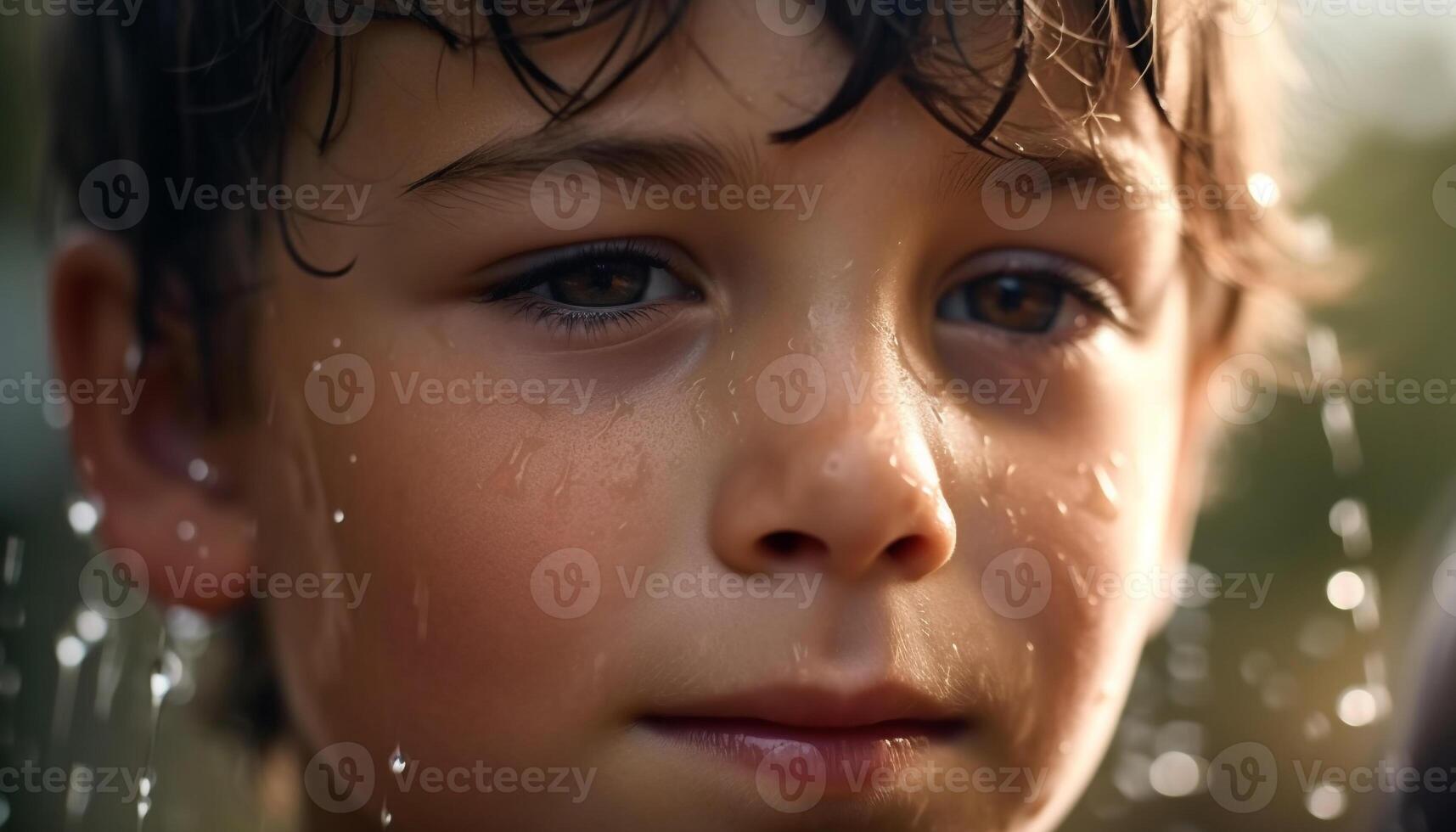 Cute wet child smiling outdoors, enjoying summer rain and nature generated by AI photo