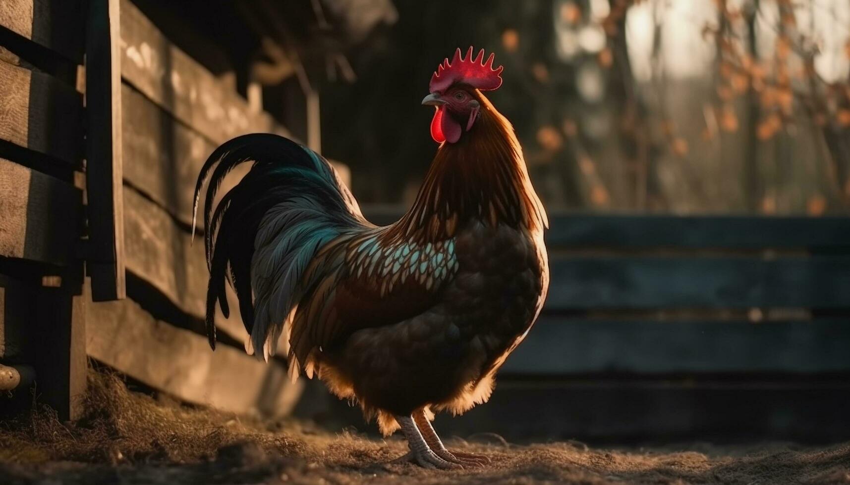 A proud rooster stands in a rural chicken coop, surrounded by nature generated by AI photo