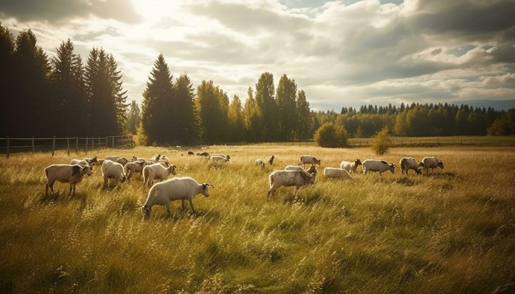un hermosa paisaje con verde prados, pasto ganado, y montañas generado por ai foto