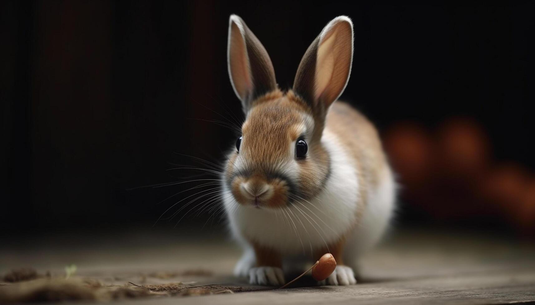 Cute fluffy rabbit sitting in grass, looking at camera generated by AI photo