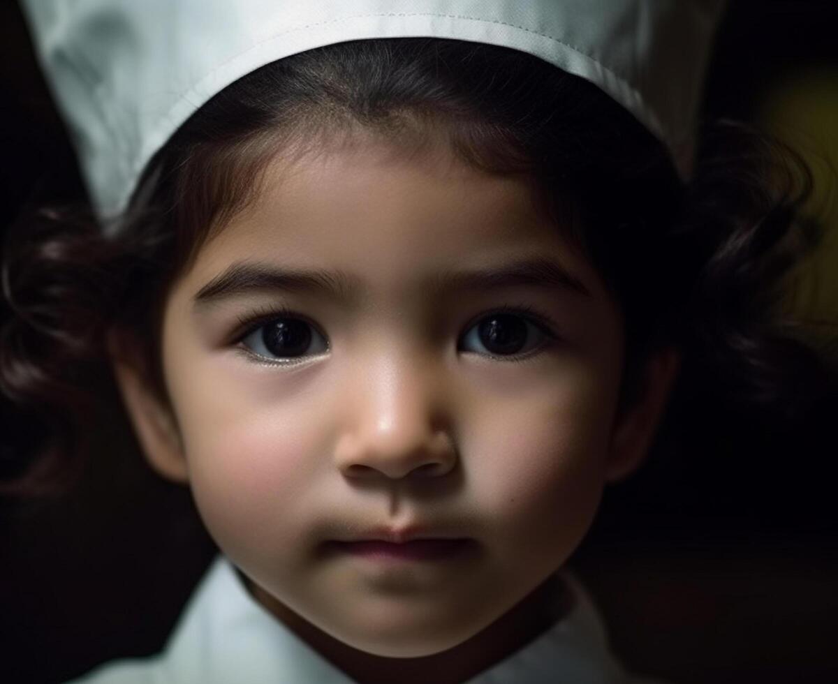 Cute child with innocent smile, looking at camera indoors generated by AI photo