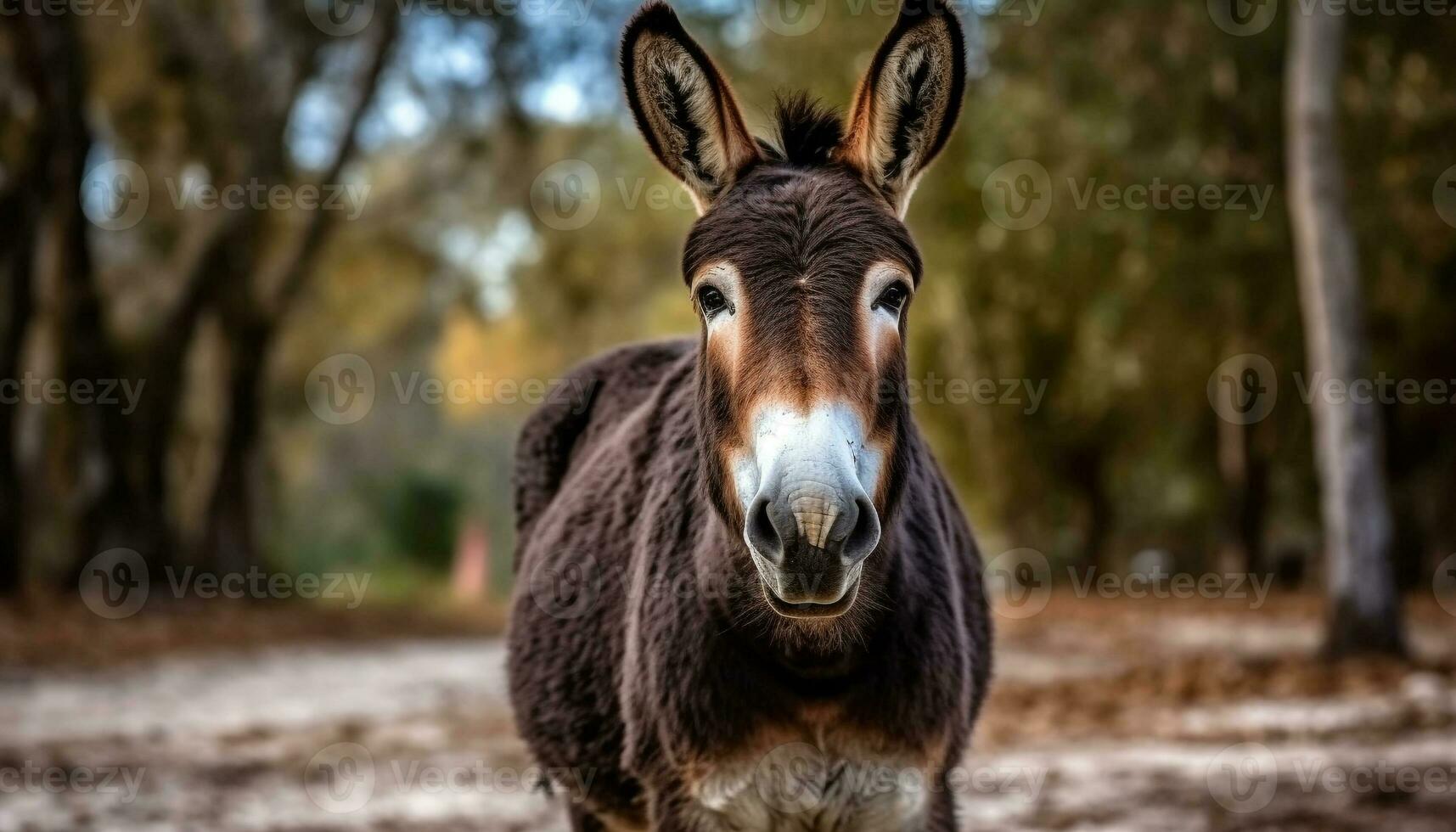 Cute donkey grazing on green meadow, looking at camera generated by AI photo