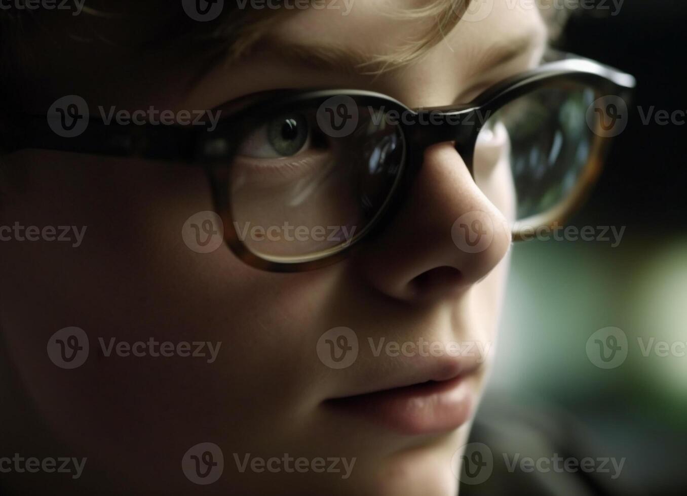 Cute child with eyeglasses looking at camera, serious and elegant generated by AI photo
