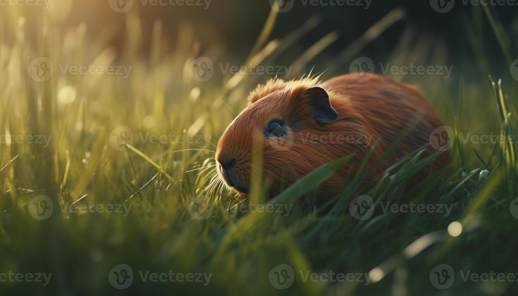 Cute fluffy guinea pig sitting on green meadow in summer generated by AI photo