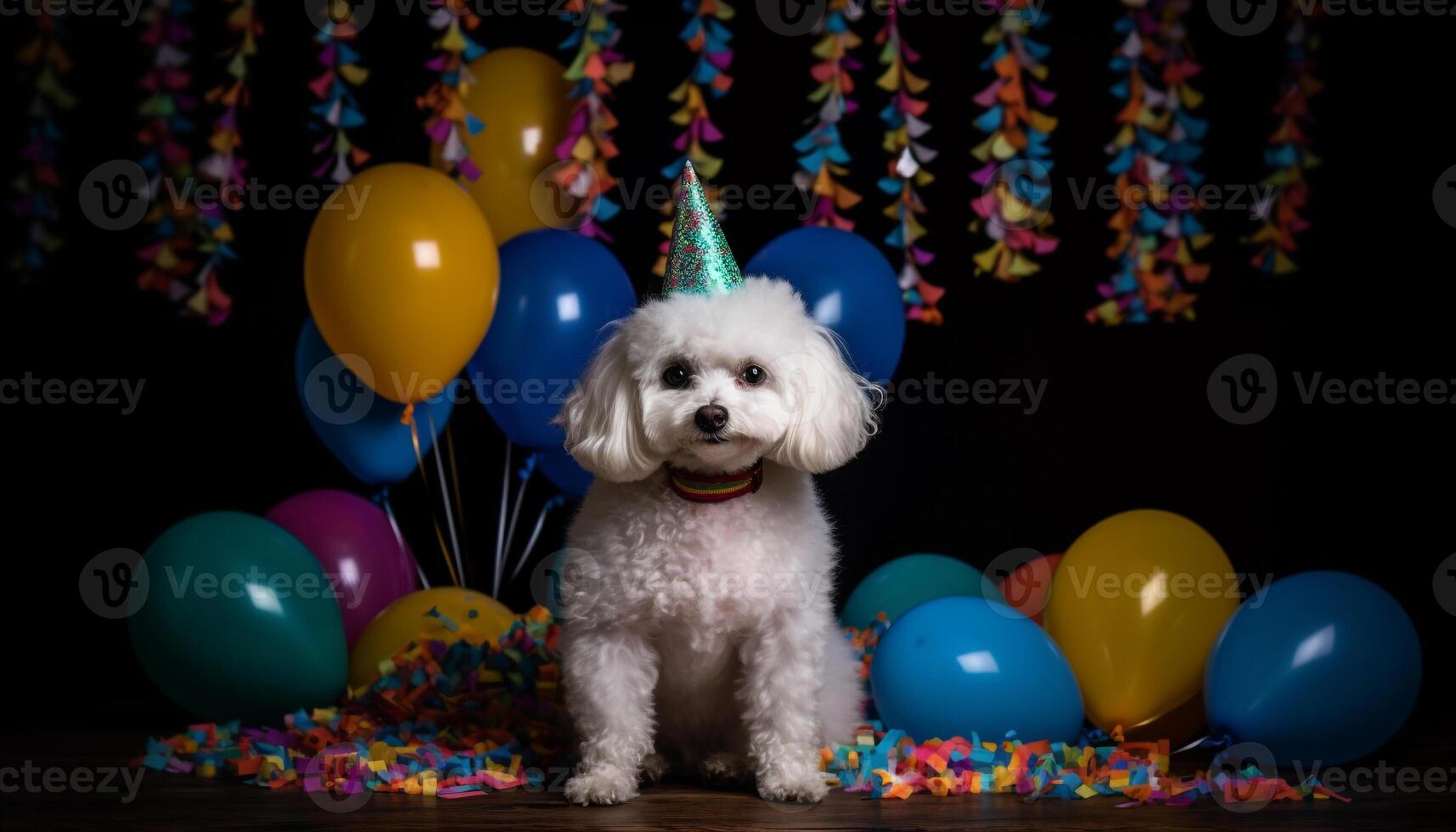 linda perrito celebra cumpleaños con globos, papel picado, y juguetón juguetes generado por ai foto