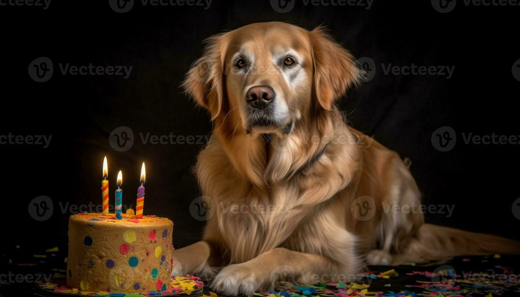 un linda perrito se sienta, mirando a cámara, con cumpleaños regalo generado por ai foto