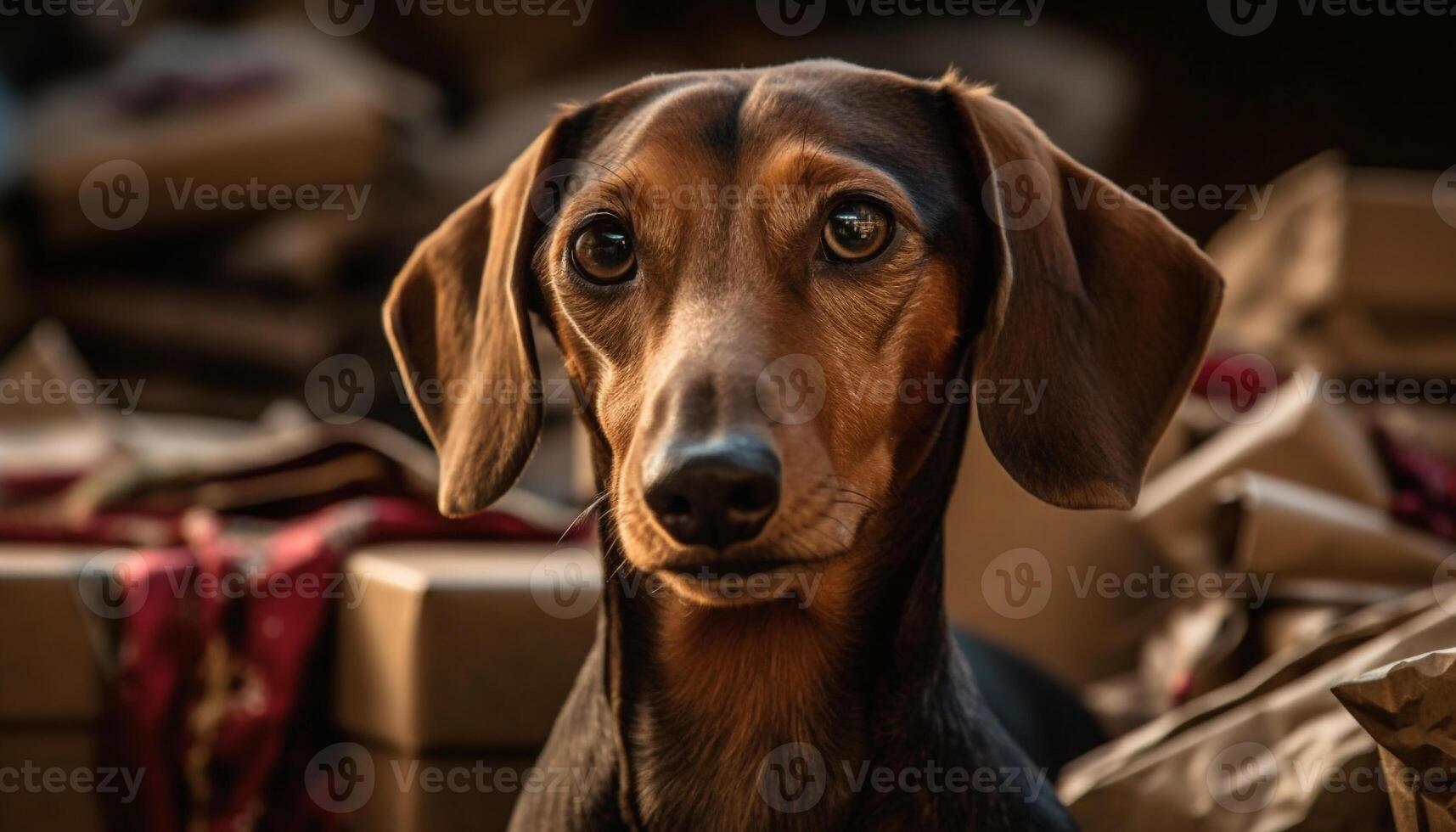 Cute puppy, purebred dachshund, sitting outdoors, looking at camera generated by AI photo