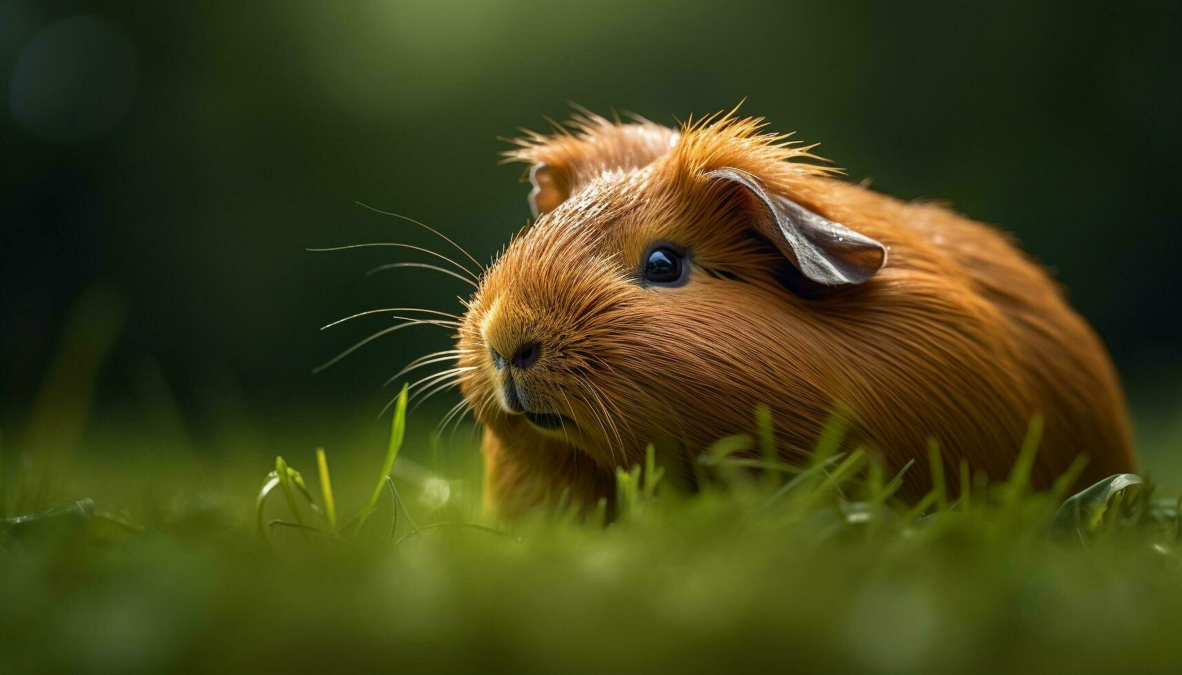 Cute fluffy guinea pig eating grass in the green meadow generated by AI photo