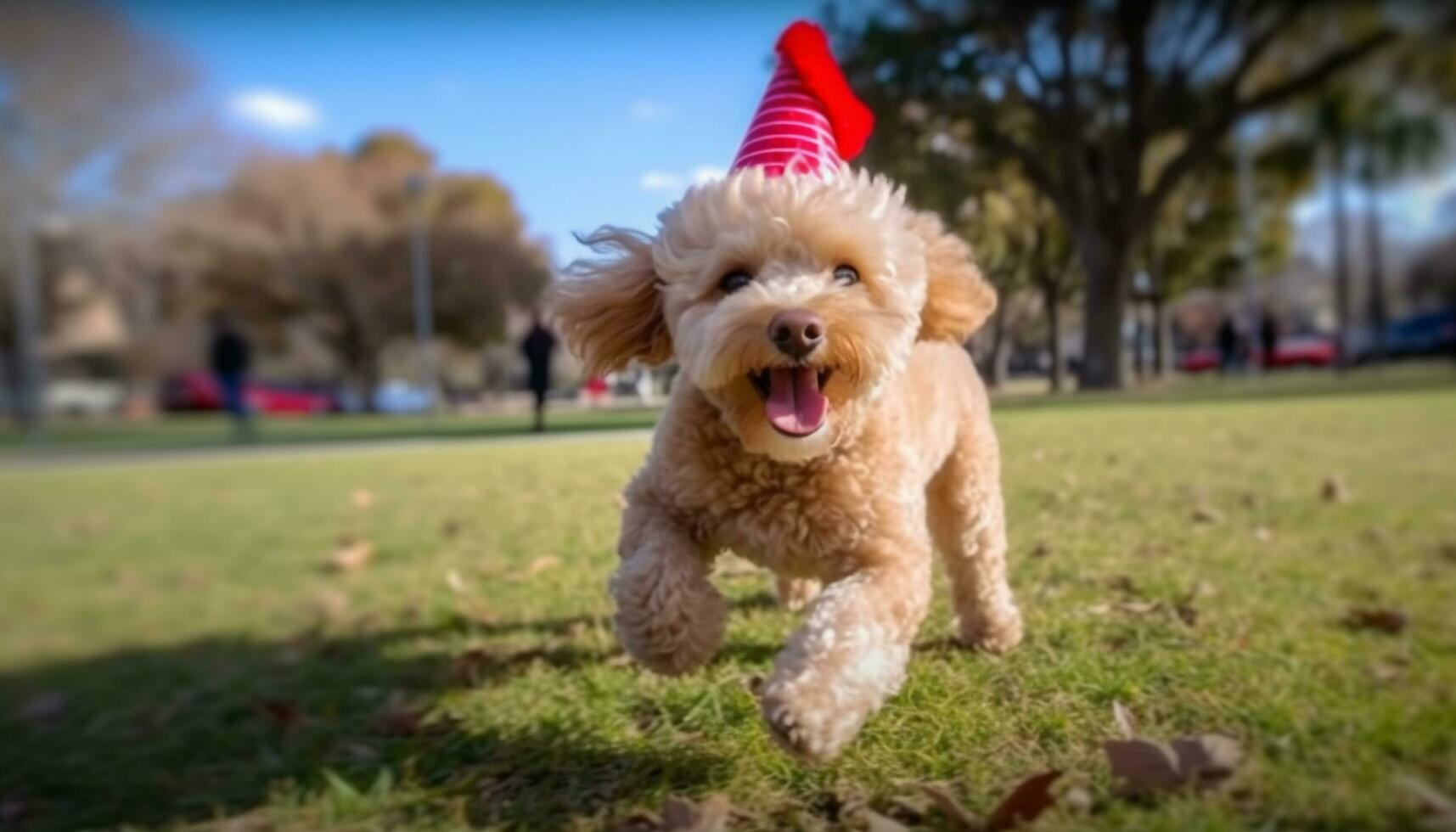 Cute puppy running outdoors, playful and joyful, celebrating nature beauty generated by AI photo