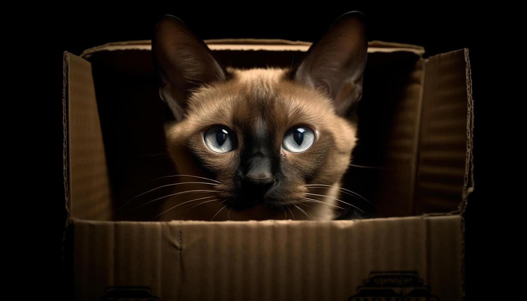 Cute kitten with blue eyes, sitting in a box, staring generated by AI photo