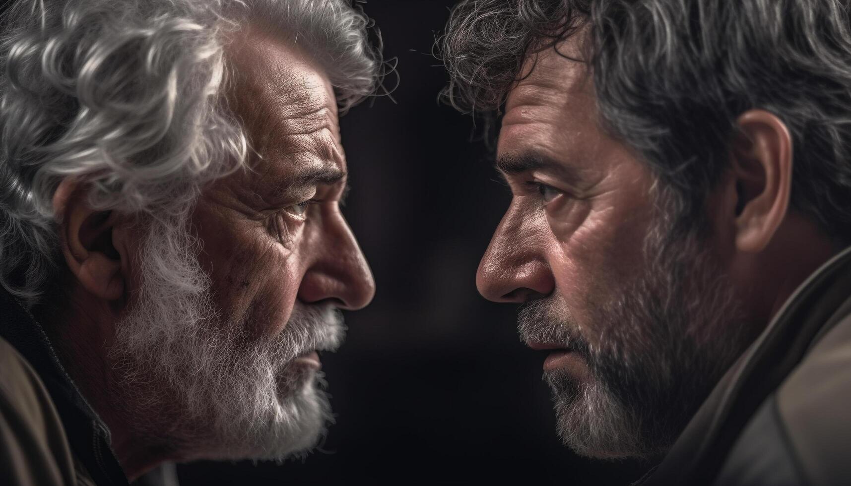 Two senior men with gray hair and beards, close up portrait generated by AI photo