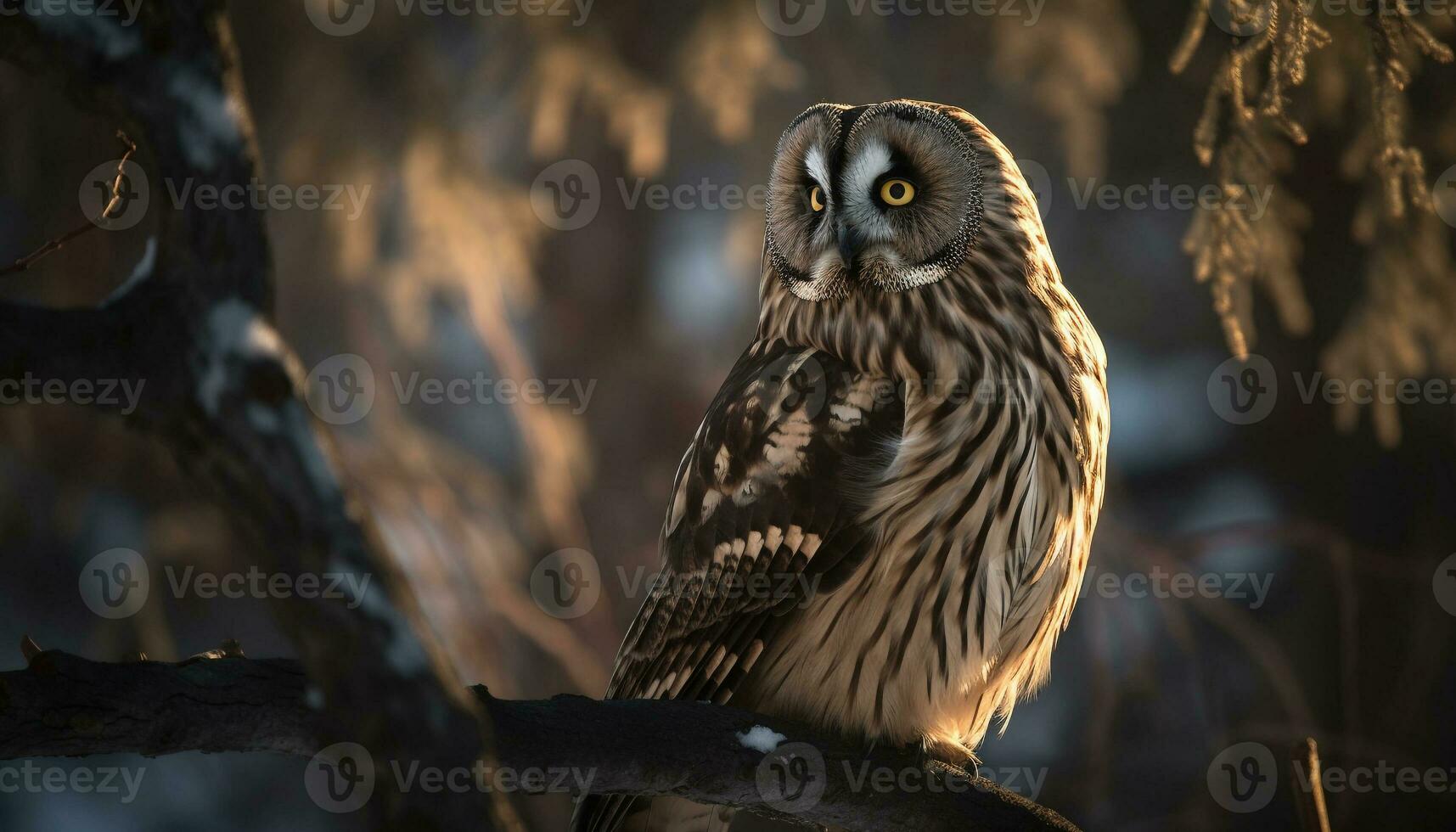 Eagle owl perching on branch, staring with intense animal eye generated by AI photo