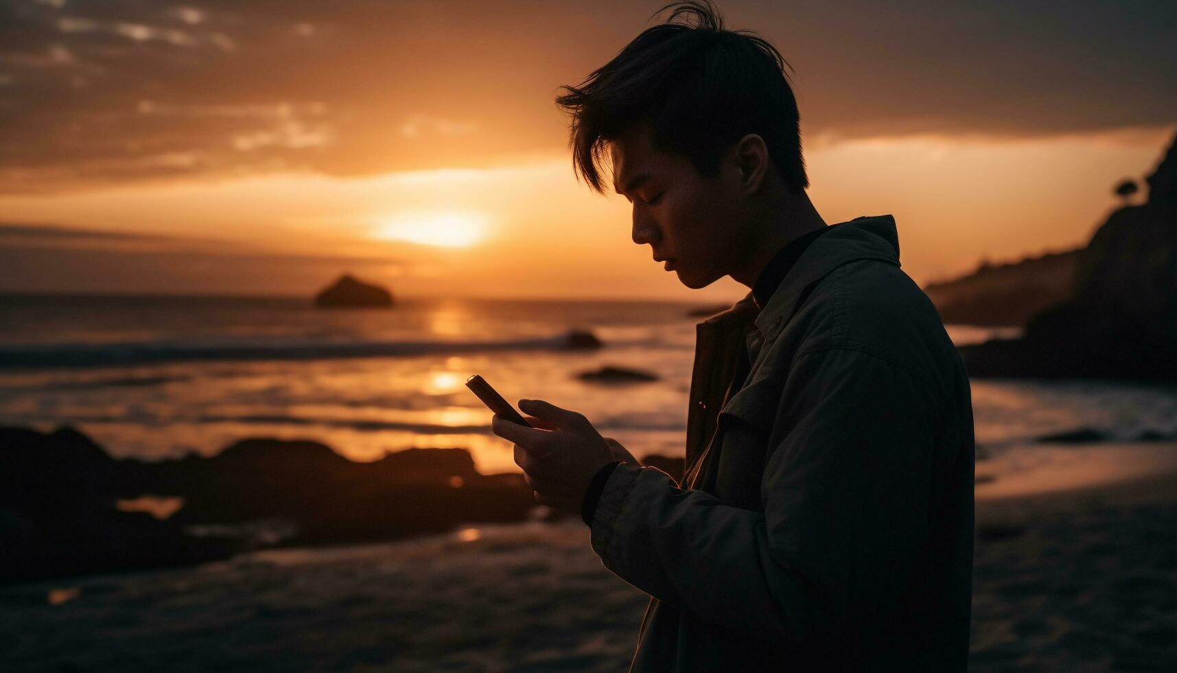 A man standing outdoors, holding a mobile phone, enjoying solitude generated by AI photo