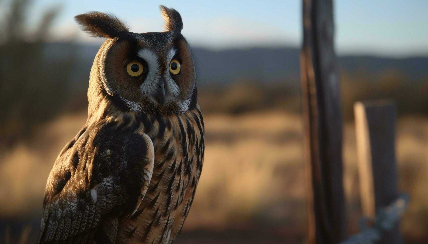 genial con cuernos búho encaramado en rama, curioso con sabiduría generado por ai foto