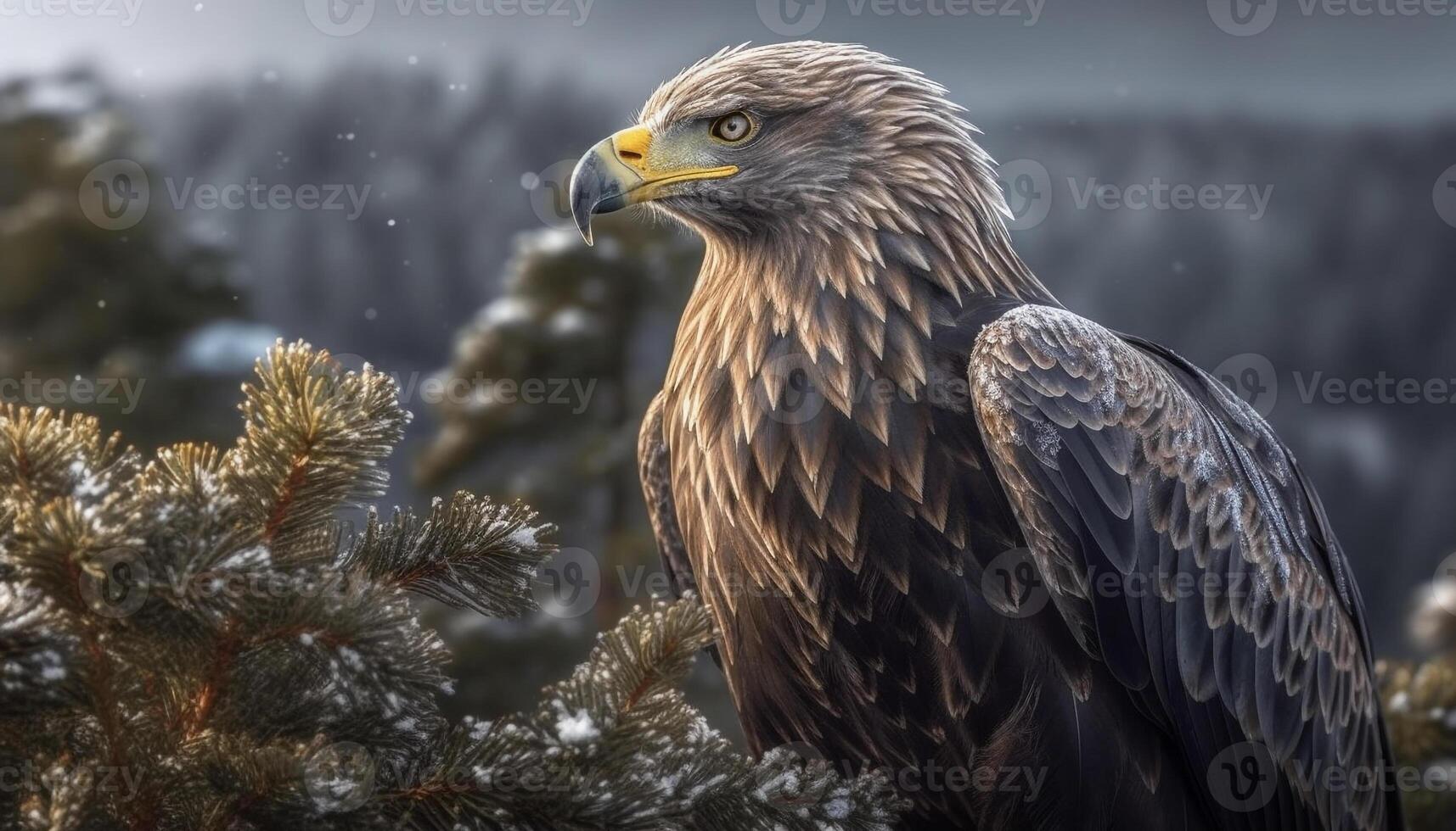 Majestic bird of prey flying in winter forest, symbolizing freedom generated by AI photo