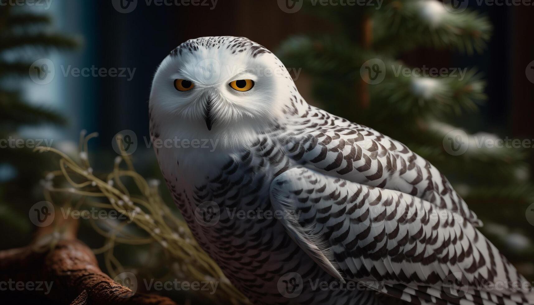 Bird of prey perching on branch, staring with intense yellow eye generated by AI photo